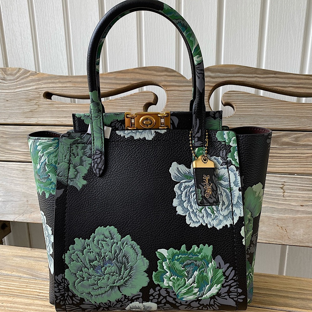 Coach Kaffe Fassett Black Green Floral Troupe Crossbody Tote